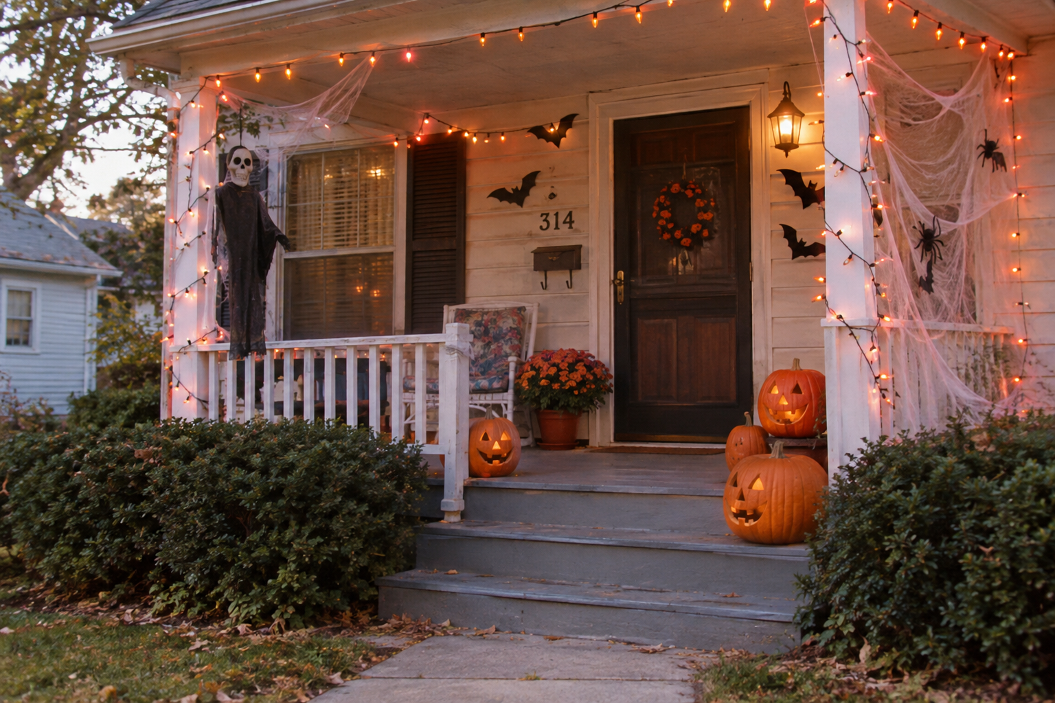 Front porch decorated for Halloween with orange string lights, spiderwebs, bats, a hanging skeleton, and lit jack-o’-lanterns.