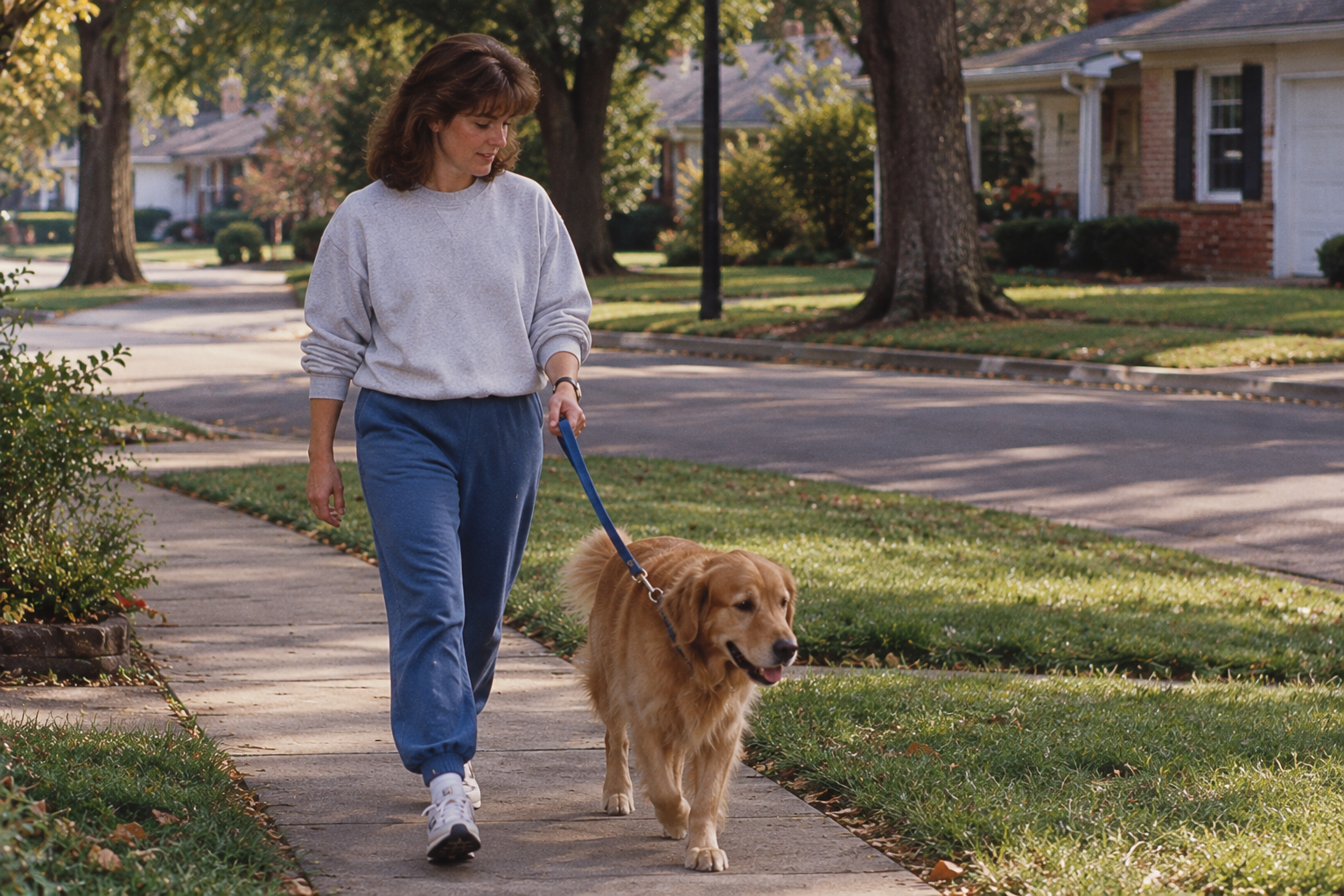 A woman in a grey sweatshirt and blue sweatpants walks a golden retriever on a leash along a suburban sidewalk.