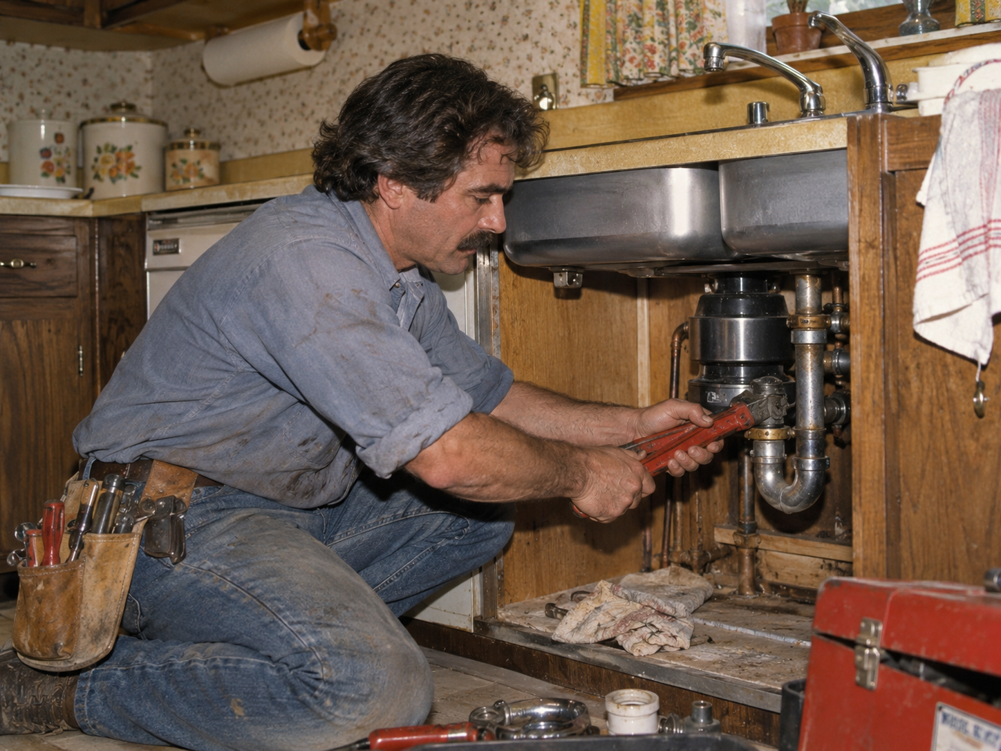 A plumber kneeling under a kitchen sink uses a pipe wrench to repair the drain pipes.