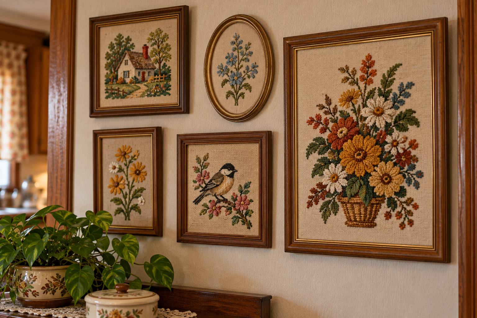 Five framed needlepoint pictures hang on a wall above a wooden surface holding a potted plant and a small lidded jar.