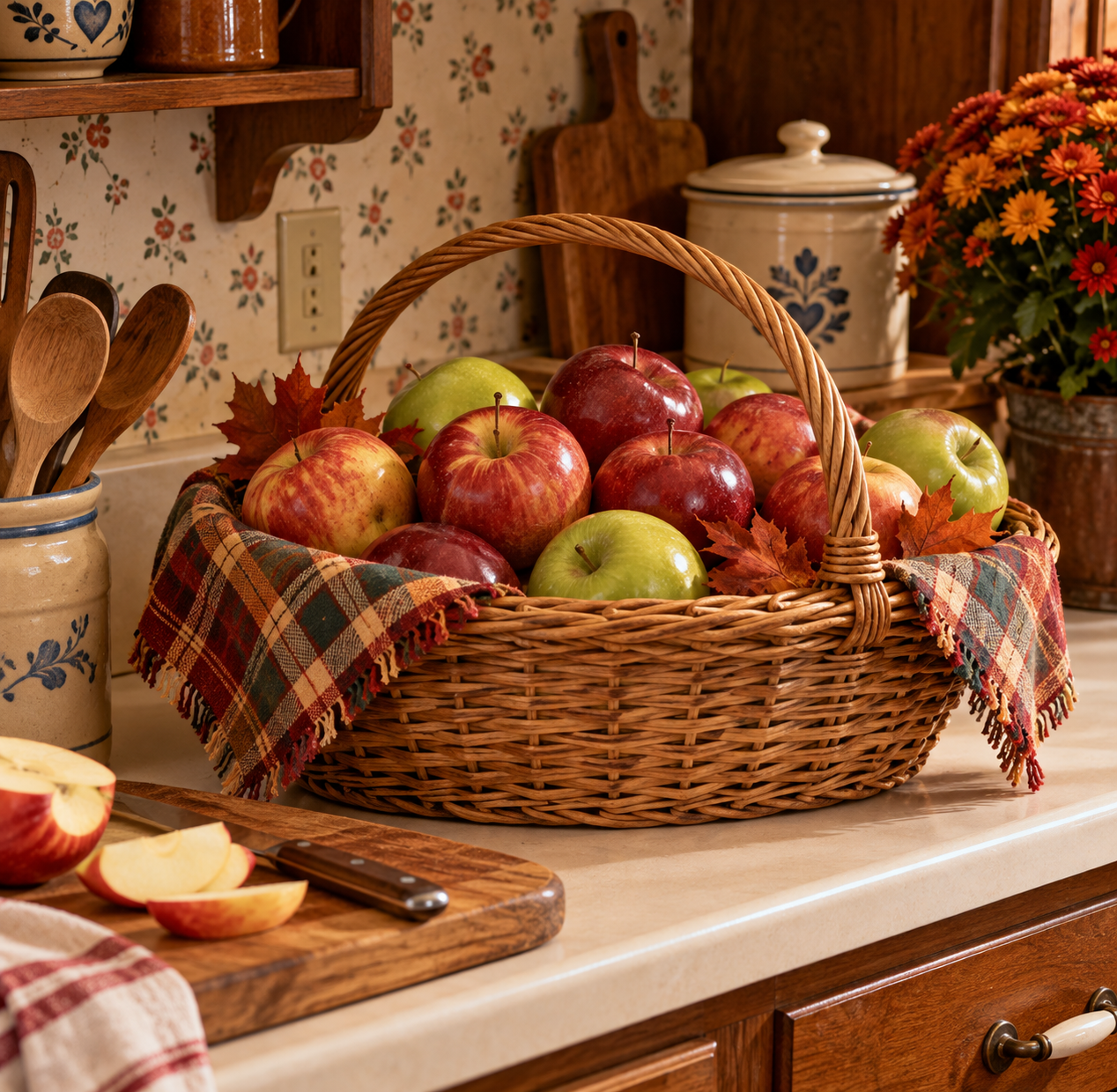 A wicker basket filled with red and green apples sits on a kitchen counter next to a cutting board with sliced apples.