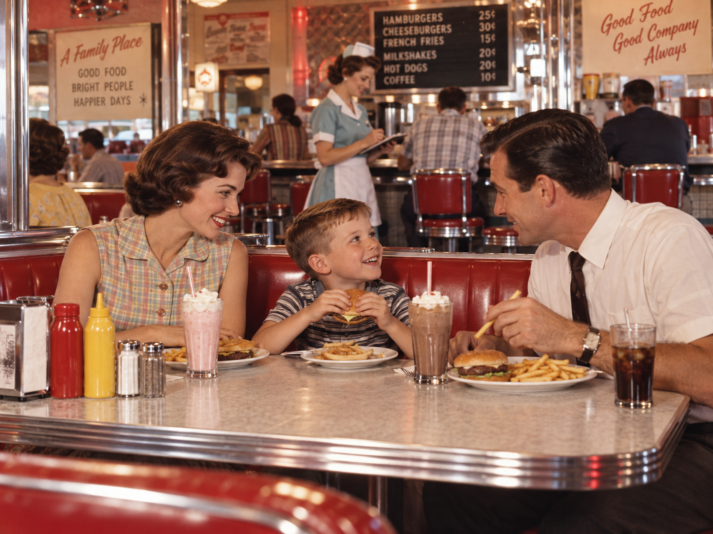 A smiling family of three sits at a diner booth, enjoying burgers, fries, and milkshakes. The retro setting features red seats, a checkered floor, and a menu board in the background.