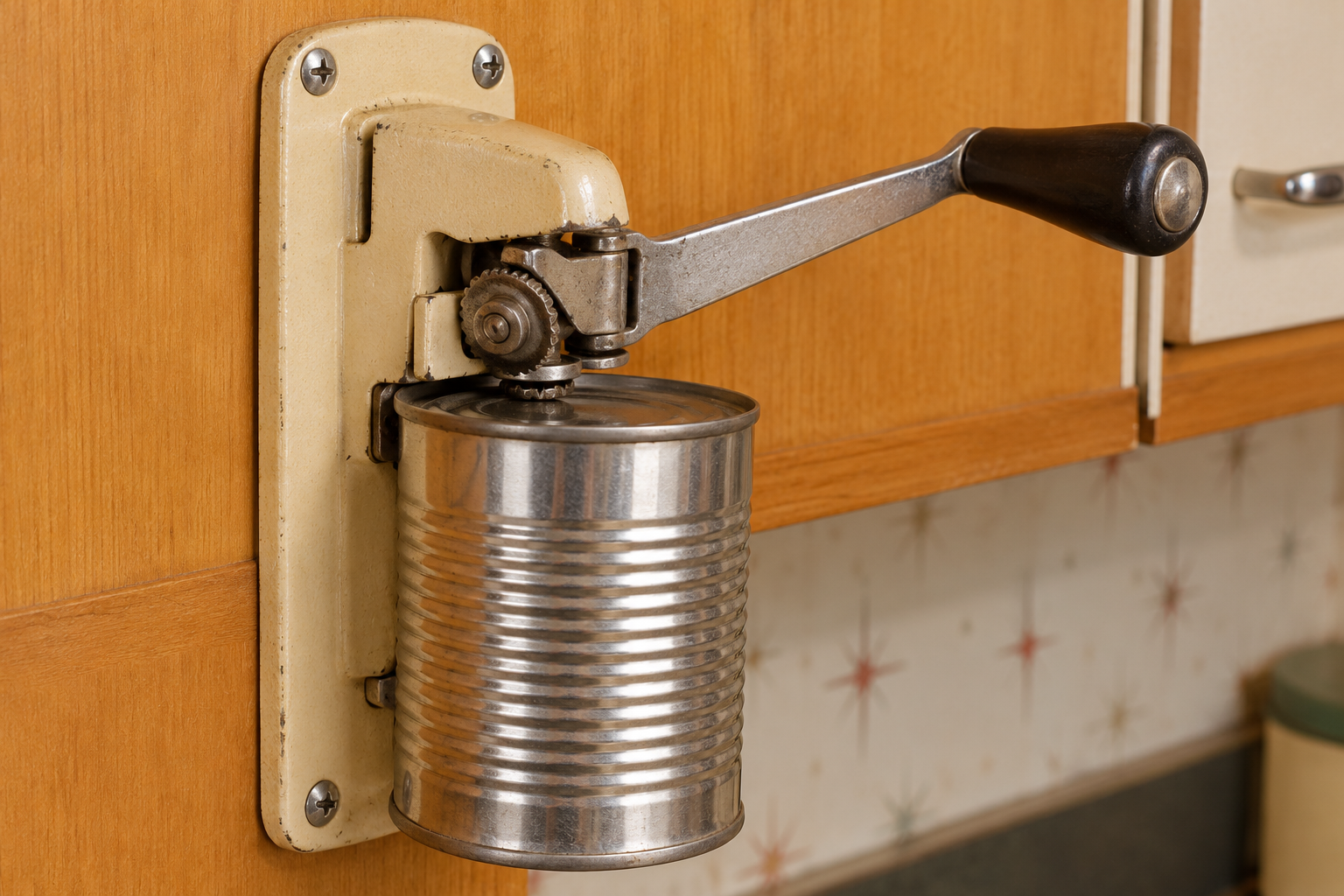 A vintage wall-mounted manual can opener with a metal tin attached.