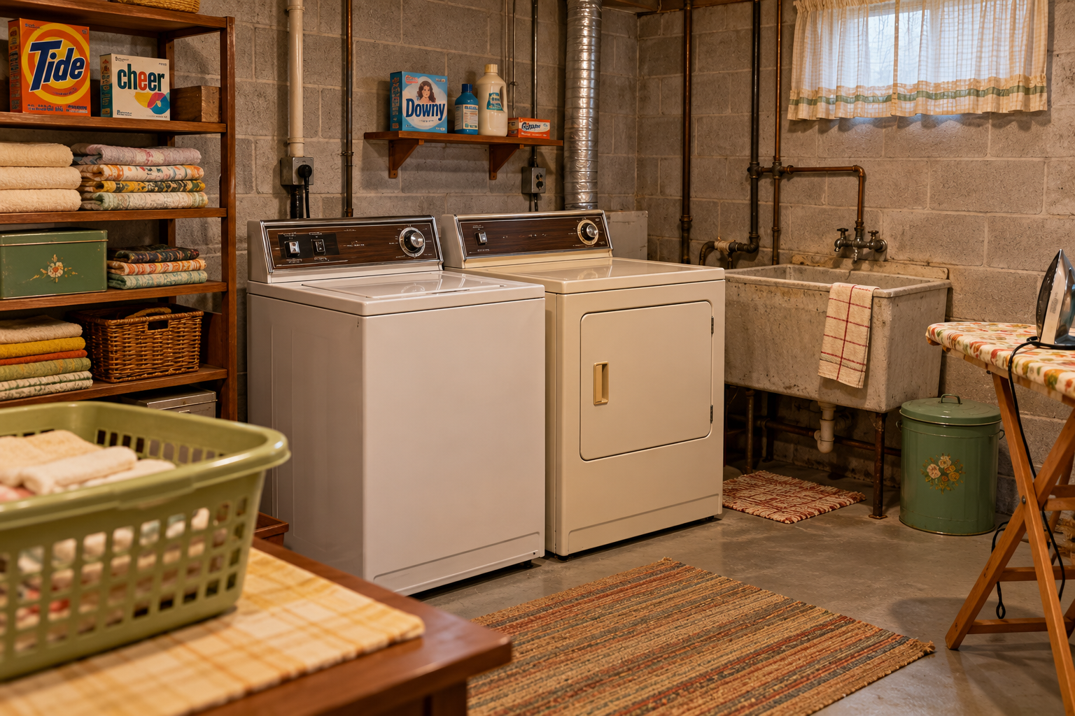 A laundry room with a white washing machine and a tan dryer, a utility sink, and shelves stocked with towels and cleaning supplies.