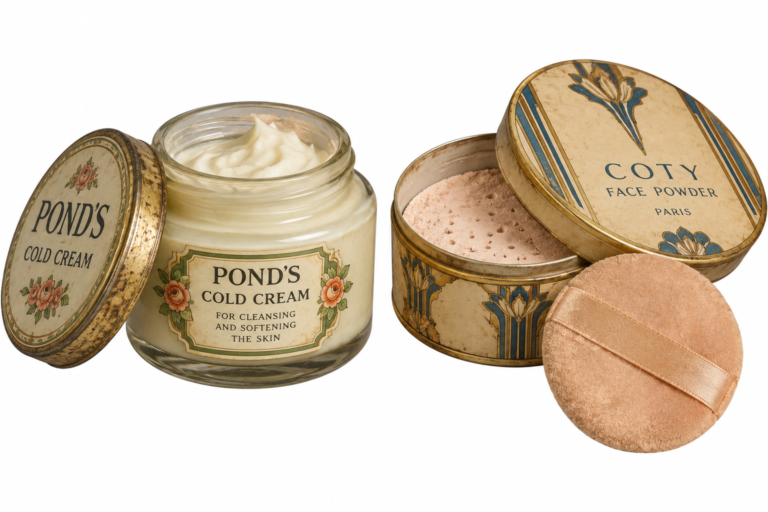 A glass jar of Pond’s Cold Cream with its lid beside it, next to a round metal container of Coty face powder with its lid and a powder puff.