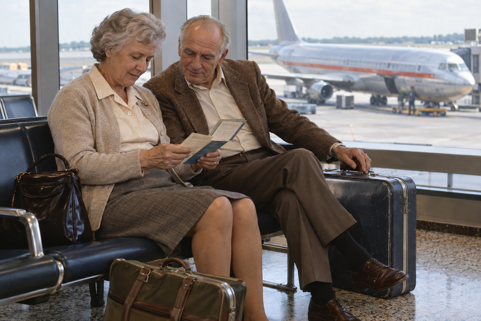 An older couple sitting in an airport terminal, looking at their boarding passes together with luggage by their feet and an airplane visible through the window.