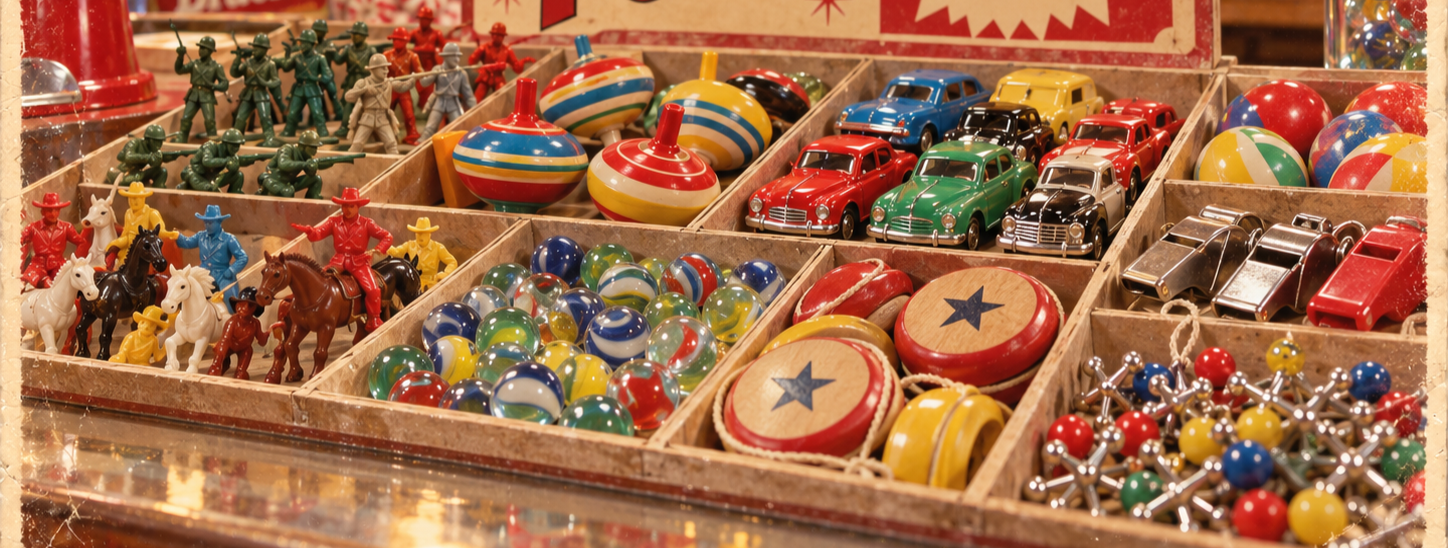 Assorted vintage toys in a display box, including toy soldiers, spinning tops, cars, marbles, cowboys on horses, jacks, and rubber balls, arranged neatly in separate compartments.