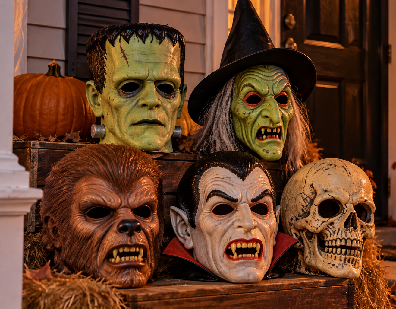 Halloween masks of Frankenstein’s monster, a witch, a werewolf, a vampire, and a human skull arranged on wooden crates.