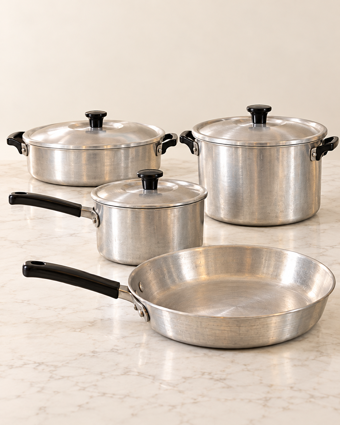 A set of four aluminum pots and pans with black handles and lids arranged on a marble surface.