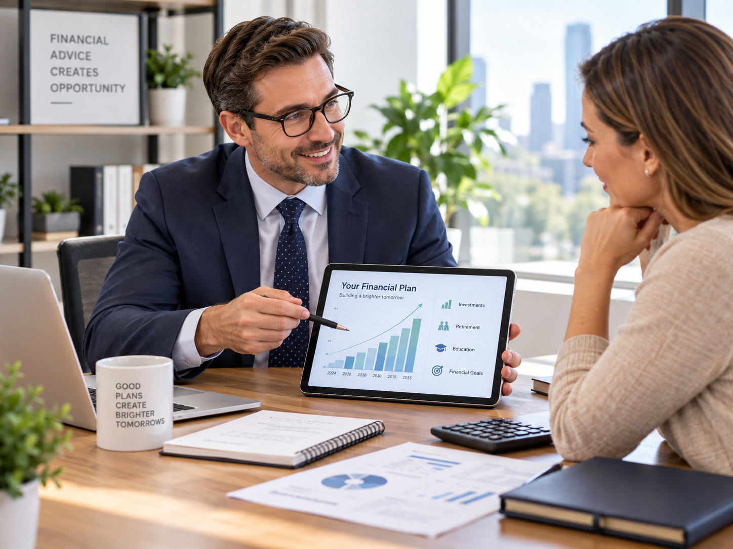 A financial advisor smiles while pointing to a tablet showing a growing bar graph titled “Your Financial Plan” to a client in an office.