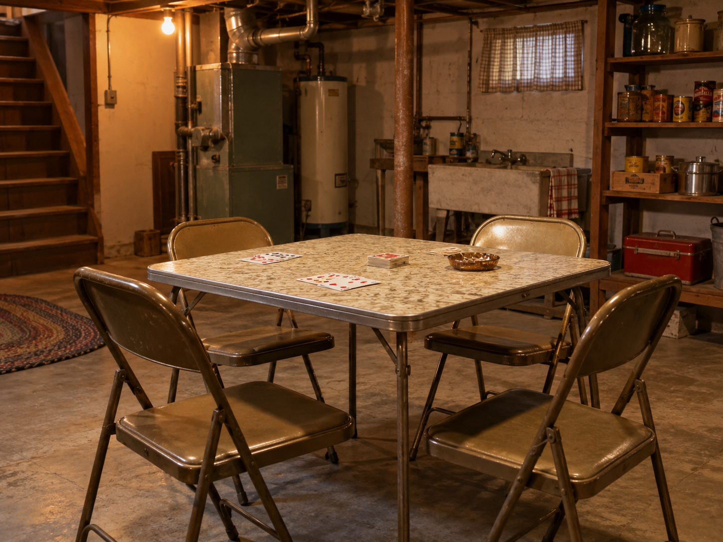 A card table set with playing cards and an ashtray, surrounded by four folding chairs in a basement.