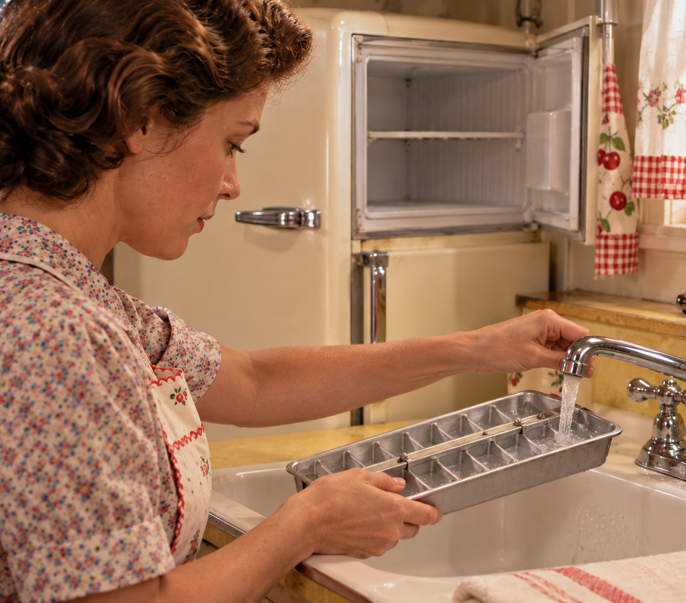 A woman in a floral dress and apron runs water into a metal ice cube tray at a kitchen sink.