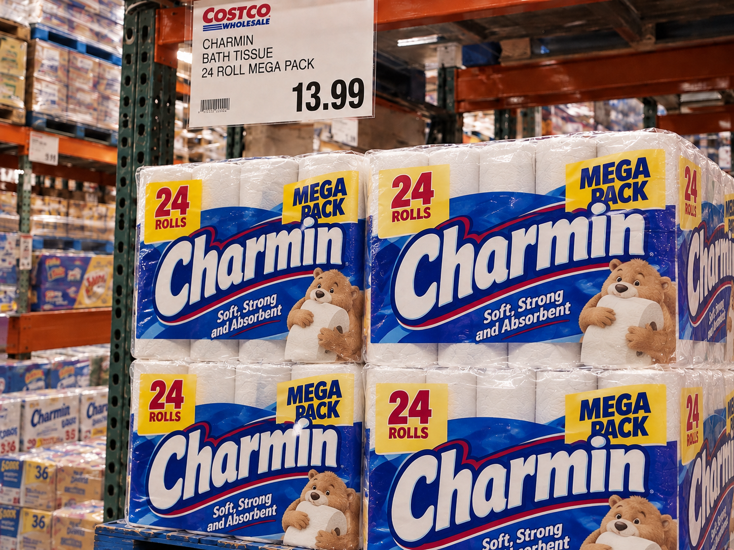 Stacked packages of 24-roll Charmin mega pack bath tissue on a store shelf, with a price sign above reading $13.99.