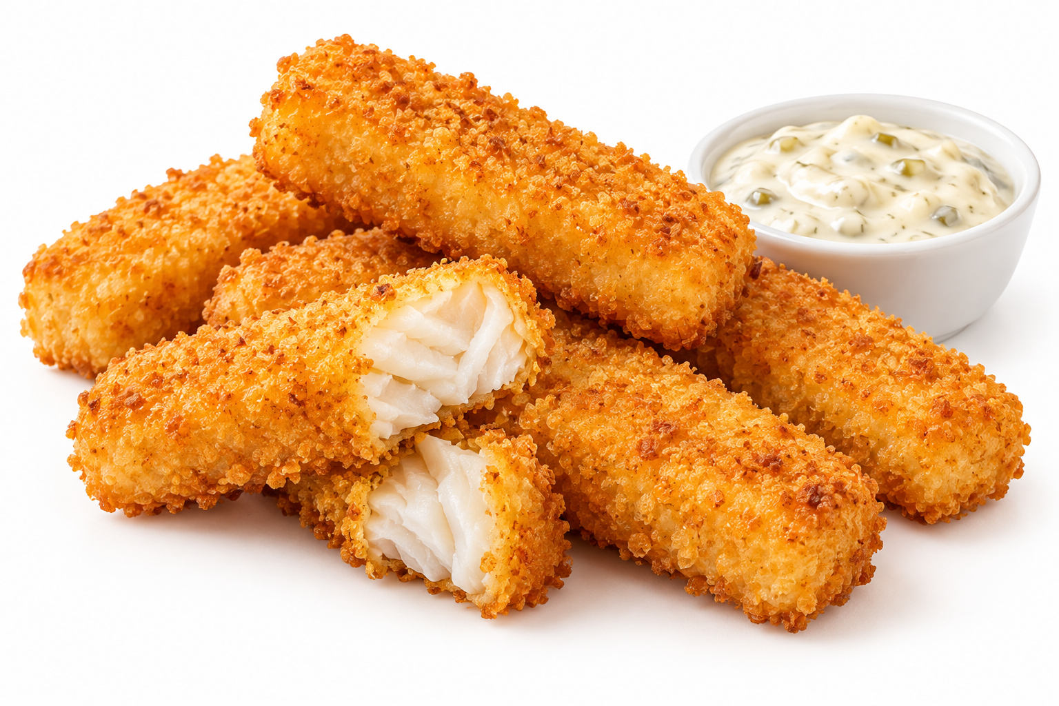 A pile of breaded fish sticks, with one broken open to show the white fish inside, served with a small bowl of tartar sauce.