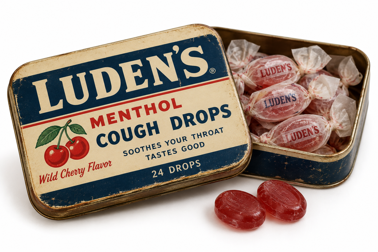 An open tin of Luden’s Wild Cherry menthol cough drops, with several individually wrapped drops inside and two unwrapped drops lying in front.