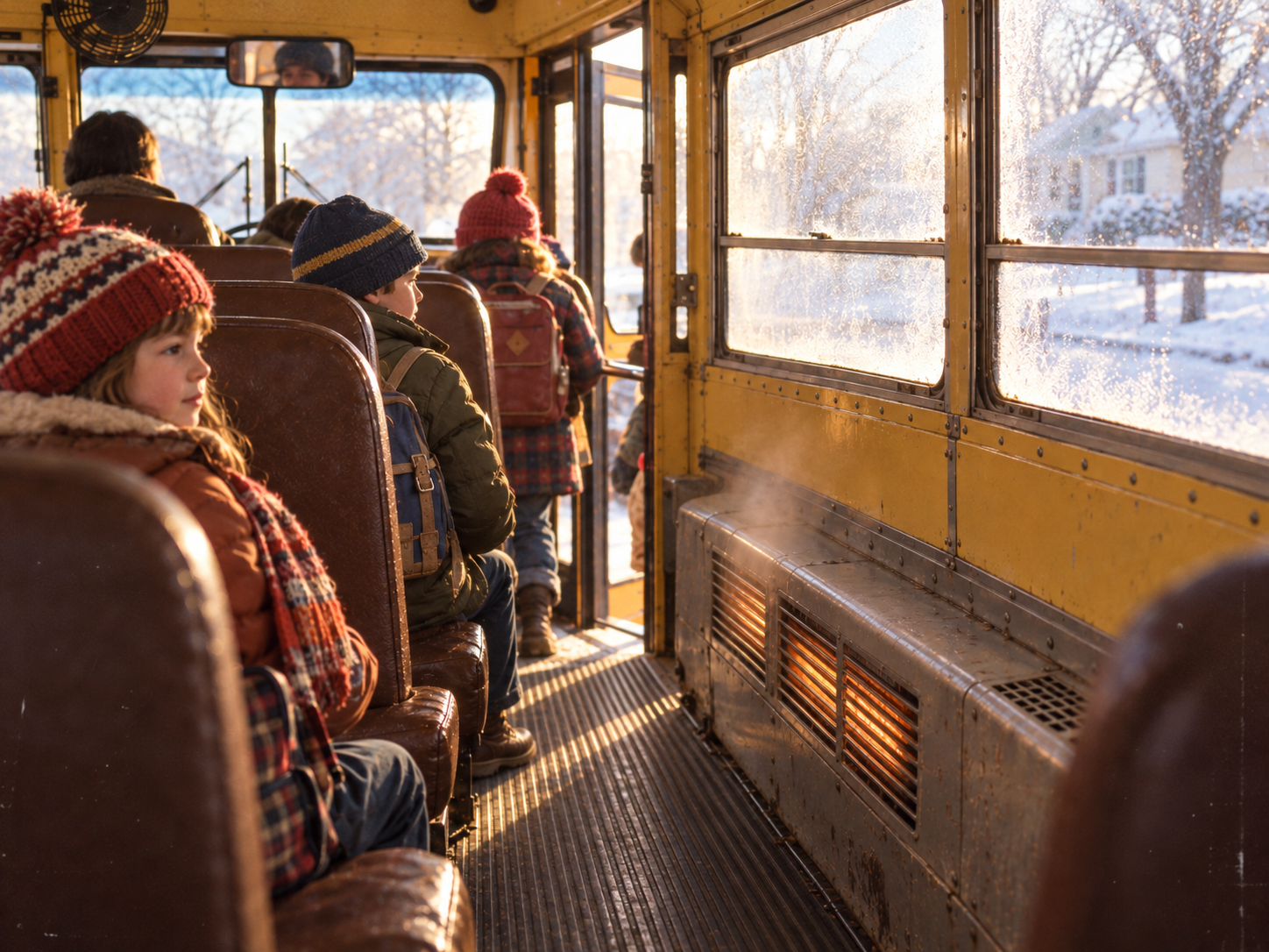 Children in winter coats and hats sitting on a school bus during a sunny, snowy morning.