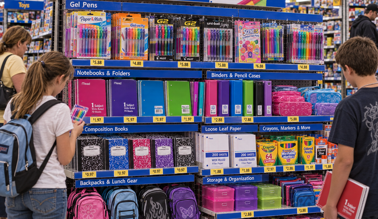 A store aisle with students shopping for school supplies including notebooks, pens, crayons, and pencil cases on display shelves.