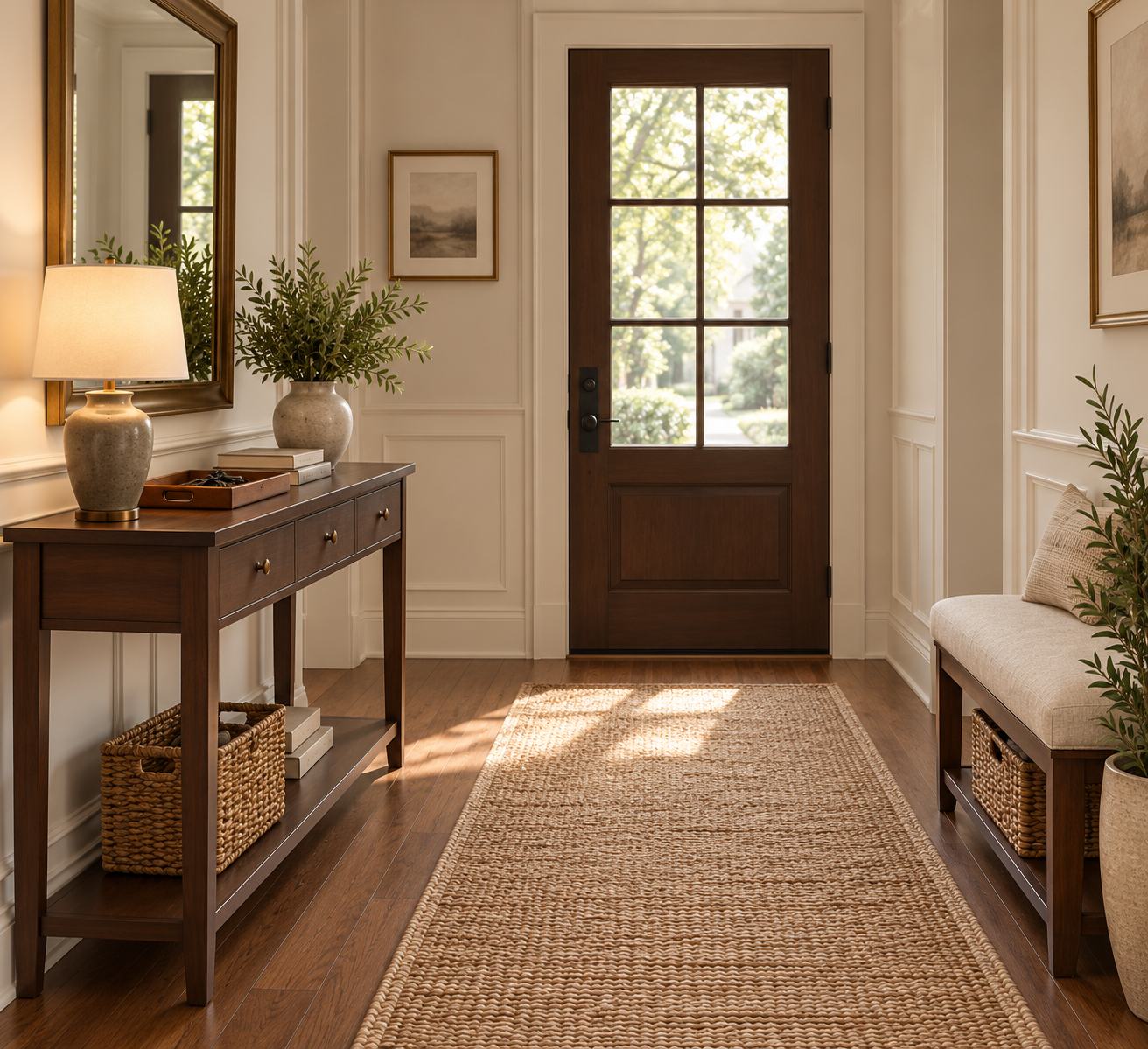 Entryway with a wooden console table, a lamp, a bench with a basket, and a long rug leading to a front door with a glass pane.