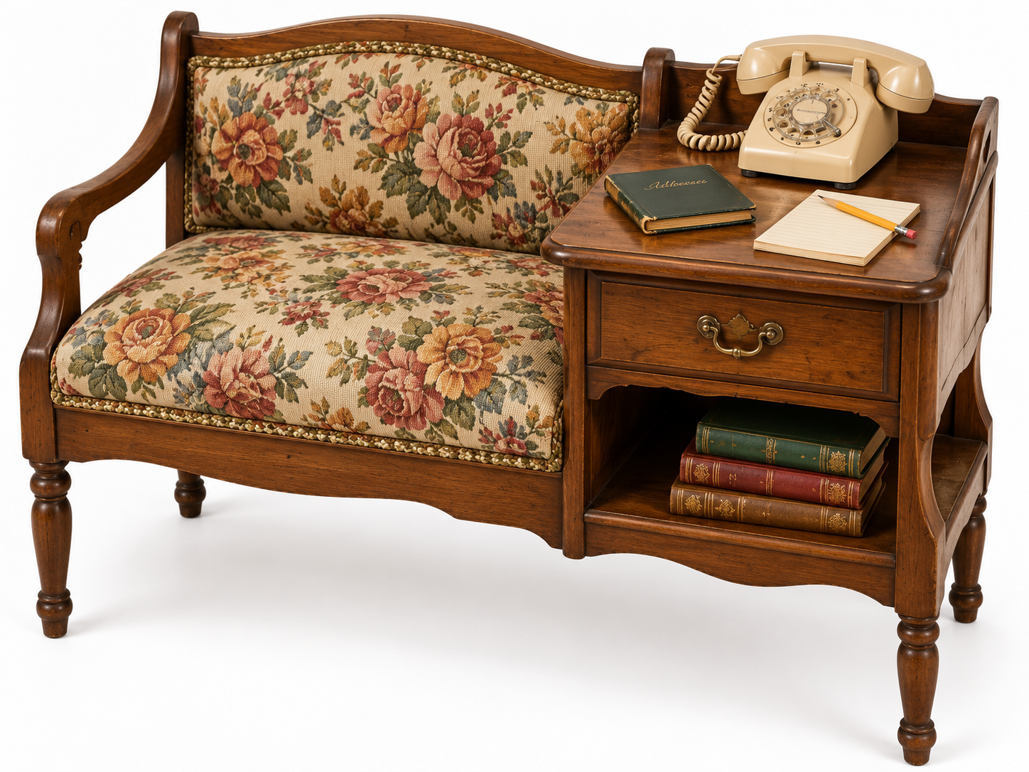 A wooden telephone bench with a floral upholstered seat, featuring an integrated side table holding a rotary phone, a notebook, a pencil, and several books.