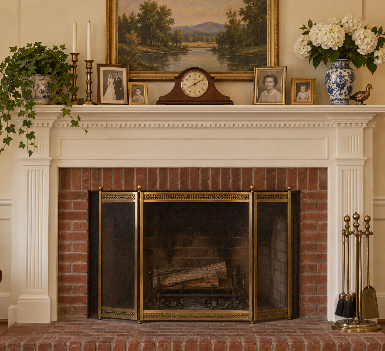 A brick fireplace with a decorative white mantel displaying a landscape painting, a clock, framed photographs, a potted ivy plant, and a vase of white hydrangeas.