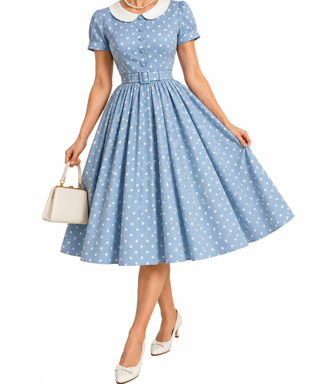 A person wearing a blue, white-polka-dot, knee-length dress with a white collar and a matching belt, holding a small white handbag and wearing white heels.
