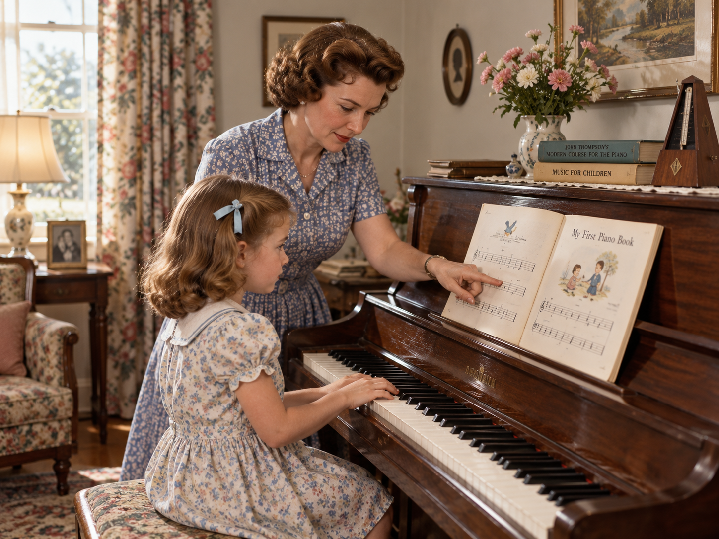 A woman in a blue floral dress points to sheet music in a “My First Piano Book” while a young girl in a matching floral dress plays the piano.