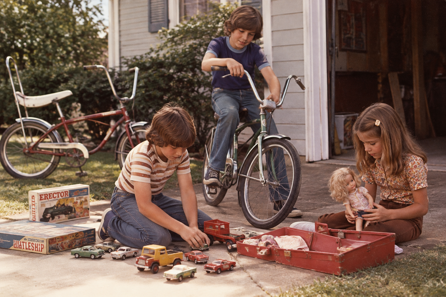 Two boys and a girl playing in a driveway with toy cars, an Erector set, and a doll.
