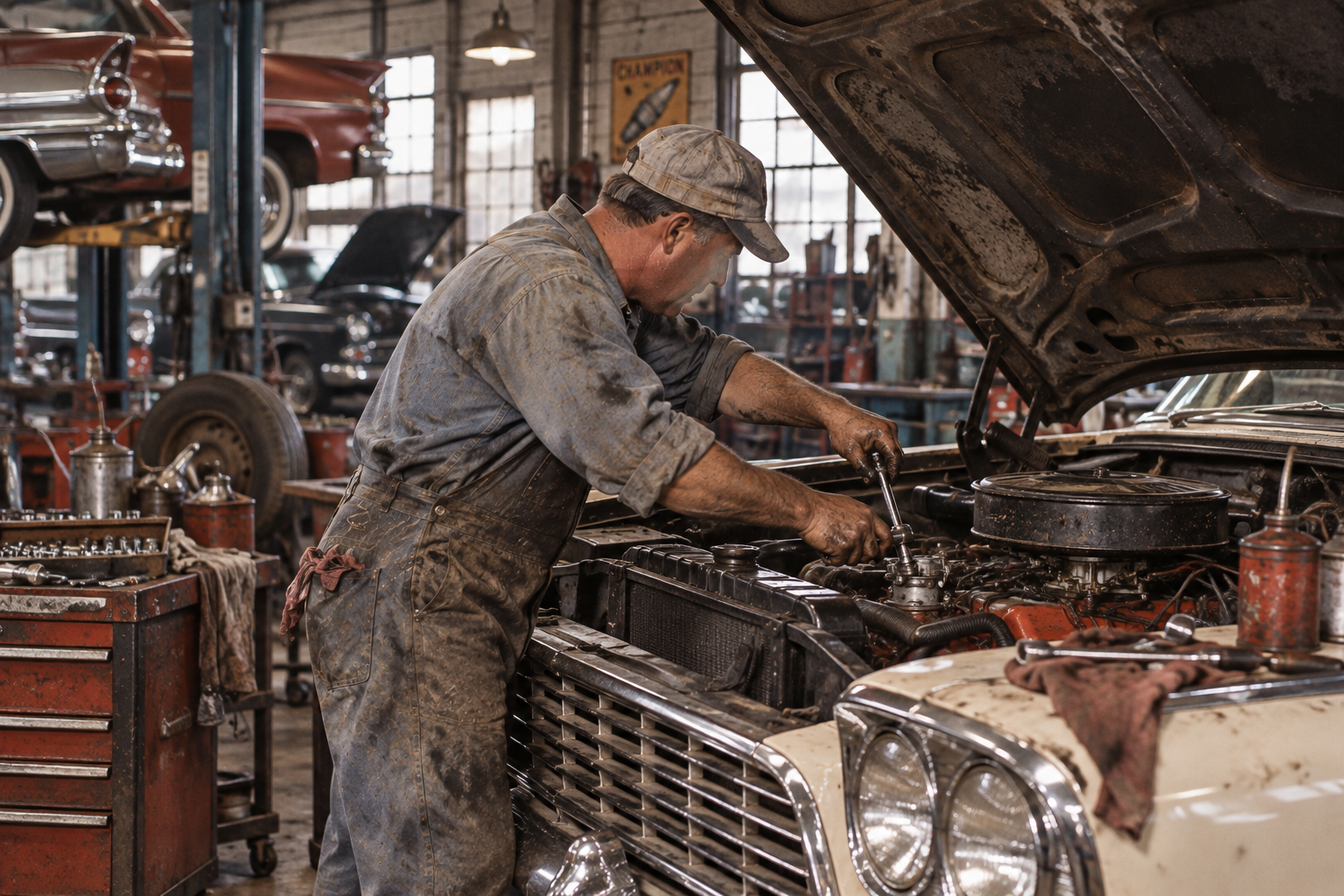 A mechanic in grease-stained overalls uses a socket wrench to work on the engine of a vintage car with its hood raised.
