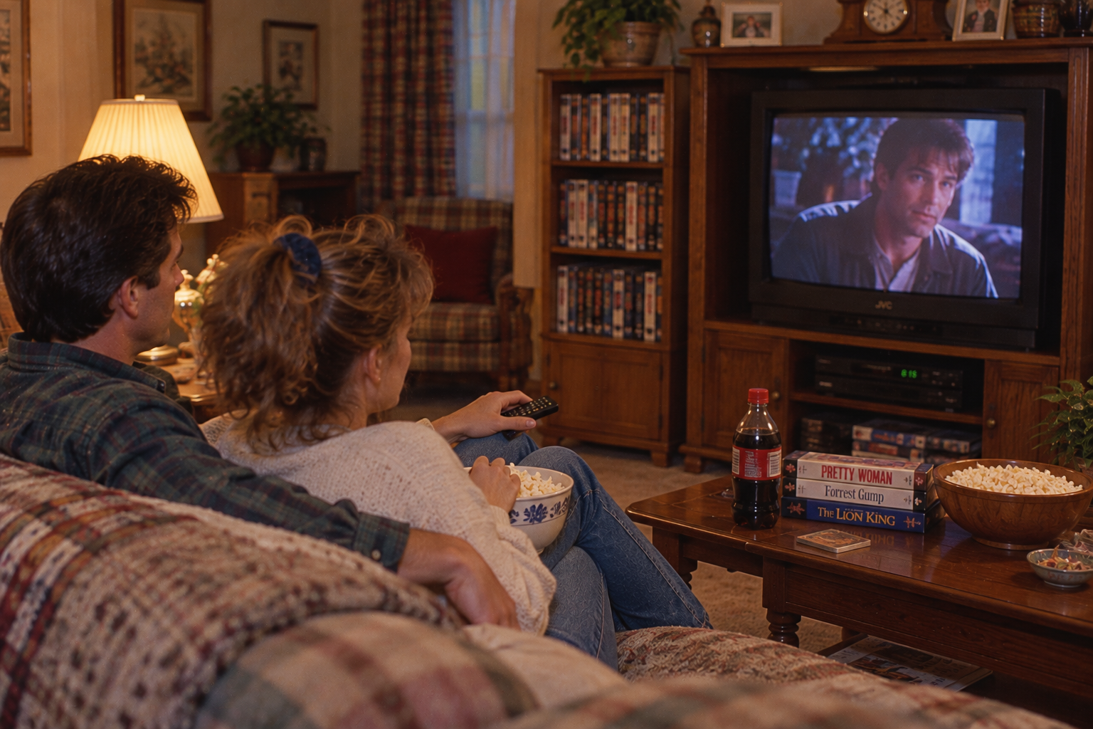 A couple sits on a sofa watching a movie on a television, with a bowl of popcorn and a stack of VHS tapes on the coffee table.