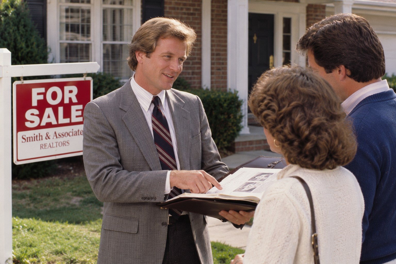 A real estate agent in a suit shows a portfolio of property photos to a couple standing in front of a house with a “For Sale” sign.