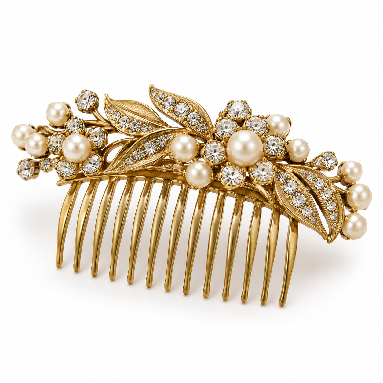 A decorative gold hair comb featuring floral motifs accented with small pearls and clear crystals.