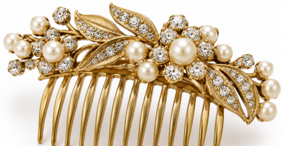 Gold hair comb adorned with faux pearls and clear rhinestones in a floral and leaf design.