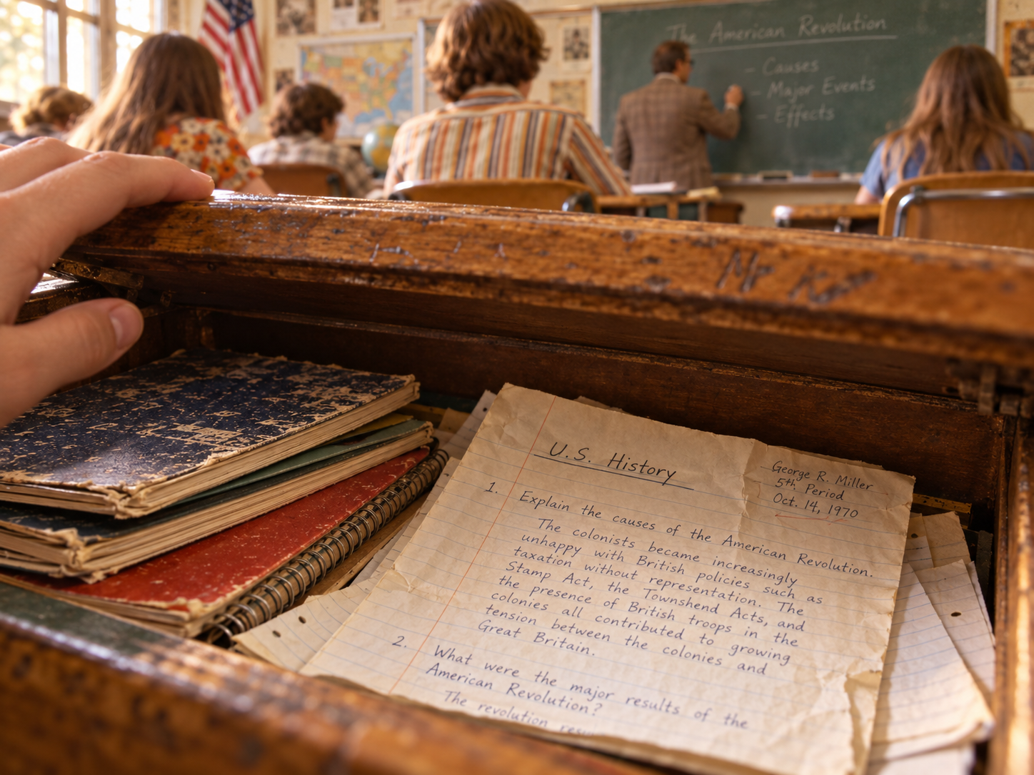 Inside a student’s wooden desk, a hand’s fingers rest on a U.S. History assignment about the American Revolution dated October 14, 1970, with a classroom of students and a teacher at the chalkboard in the background.