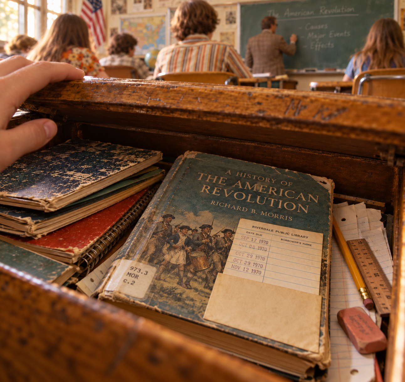 A student’s hand rests on an open wooden school desk containing a textbook titled “A History of the American Revolution,” a stack of notebooks, a pencil, and an eraser, with a classroom teacher and students in the background.