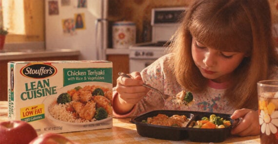 A young girl eating a frozen Lean Cuisine Chicken Teriyaki meal at a table next to the product’s box.