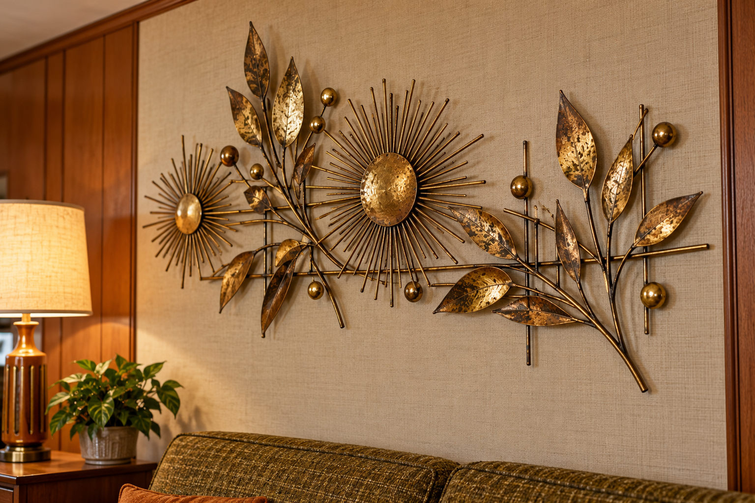 Mid-century modern metal wall art featuring two sunbursts connected by leafy branches, mounted on a textured beige wall above a sofa.