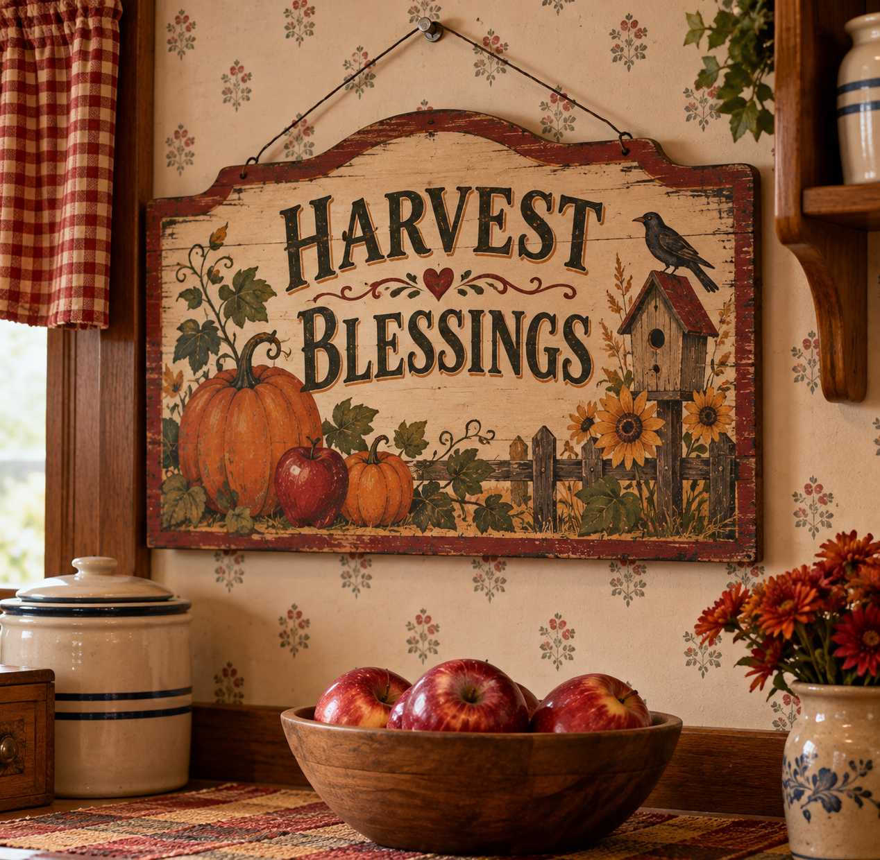 A hanging sign reads “Harvest Blessings” above illustrations of pumpkins, a birdhouse with a crow, and sunflowers; a wooden bowl of apples sits on the counter below.