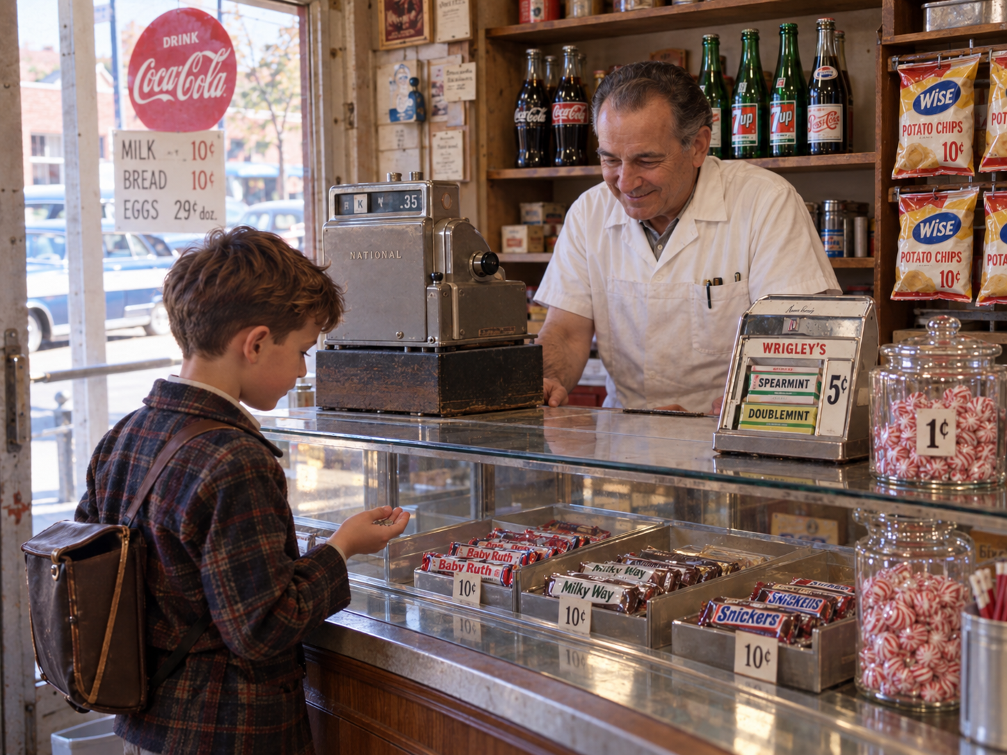 A young boy with a satchel selects candy at an old-fashioned store counter, while the smiling shopkeeper stands behind a vintage cash register, shelves stocked with snacks, drinks, and bottled soda.