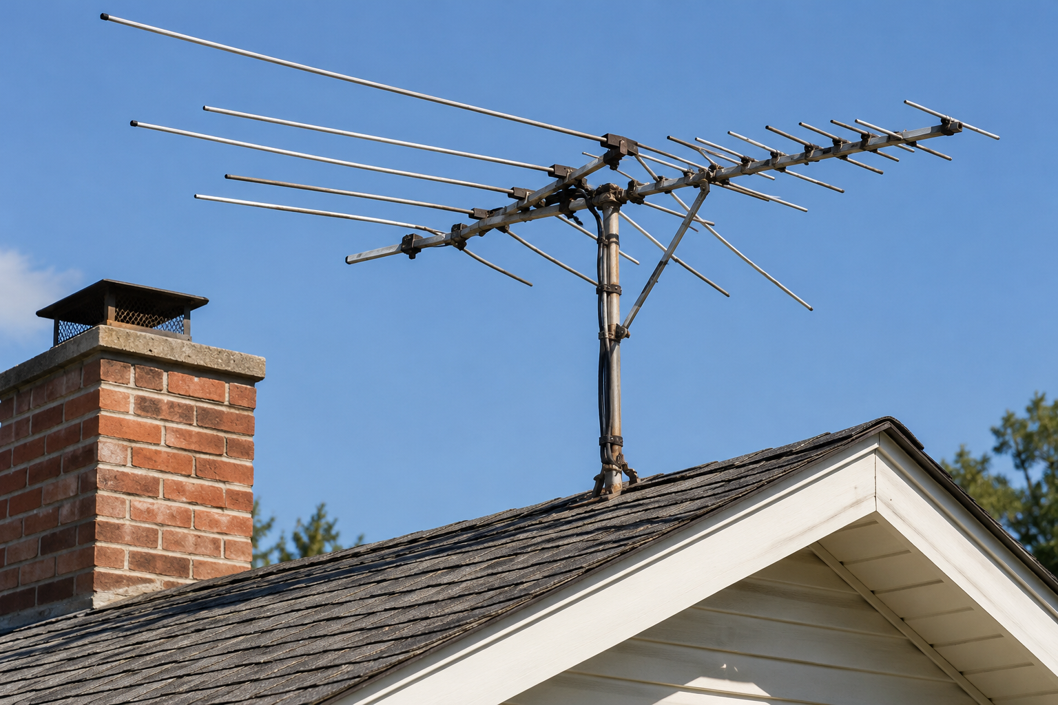 A television antenna mounted on the roof of a house next to a brick chimney against a blue sky.