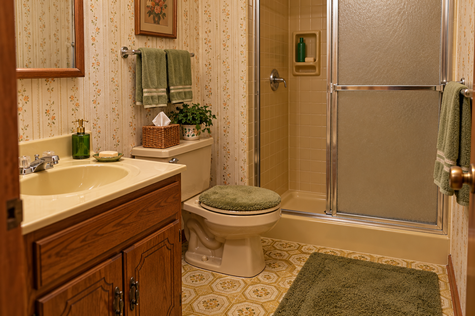 A bathroom with floral wallpaper, a wood vanity, a toilet with a green lid cover, and a walk-in shower with glass doors.