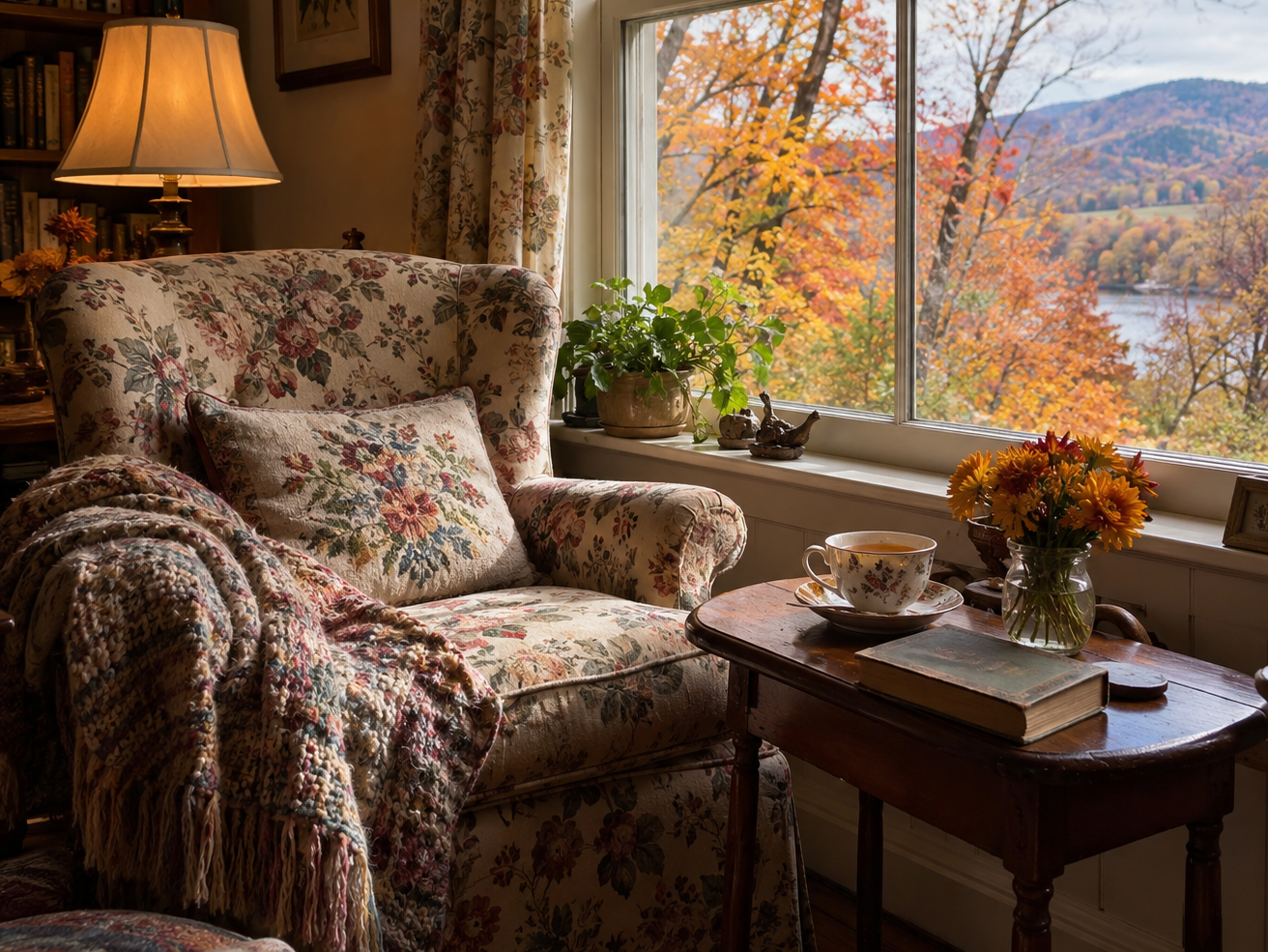 Floral armchair with a throw blanket beside a window overlooking an autumn landscape with a cup of tea and a book on a side table.