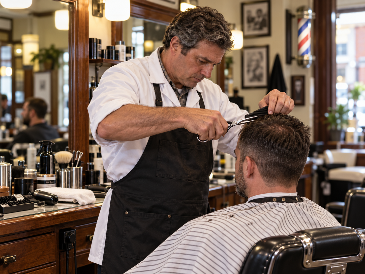 A barber in a white coat and black apron cuts a customer’s hair with scissors and a comb.