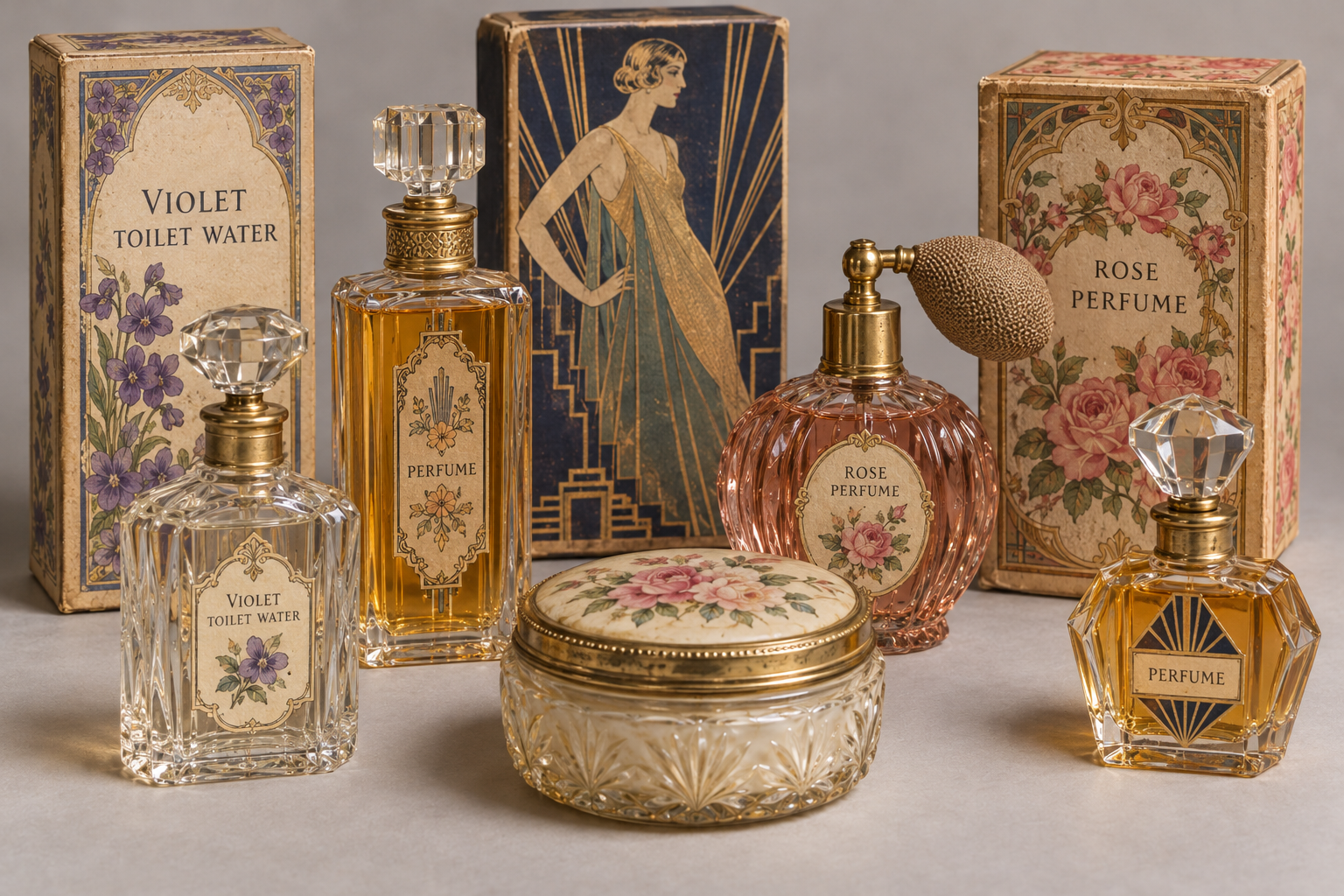 Four vintage perfume bottles and a matching powder jar arranged with their decorative floral and art deco-style boxes.