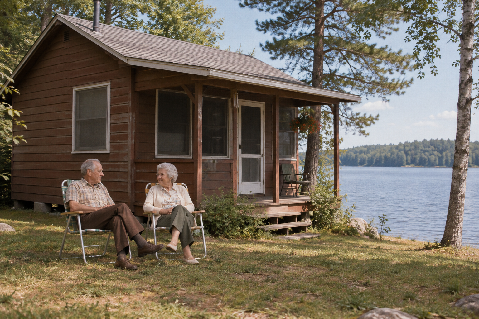 An elderly couple sits in folding chairs in front of a rustic wooden cabin by a lake.
