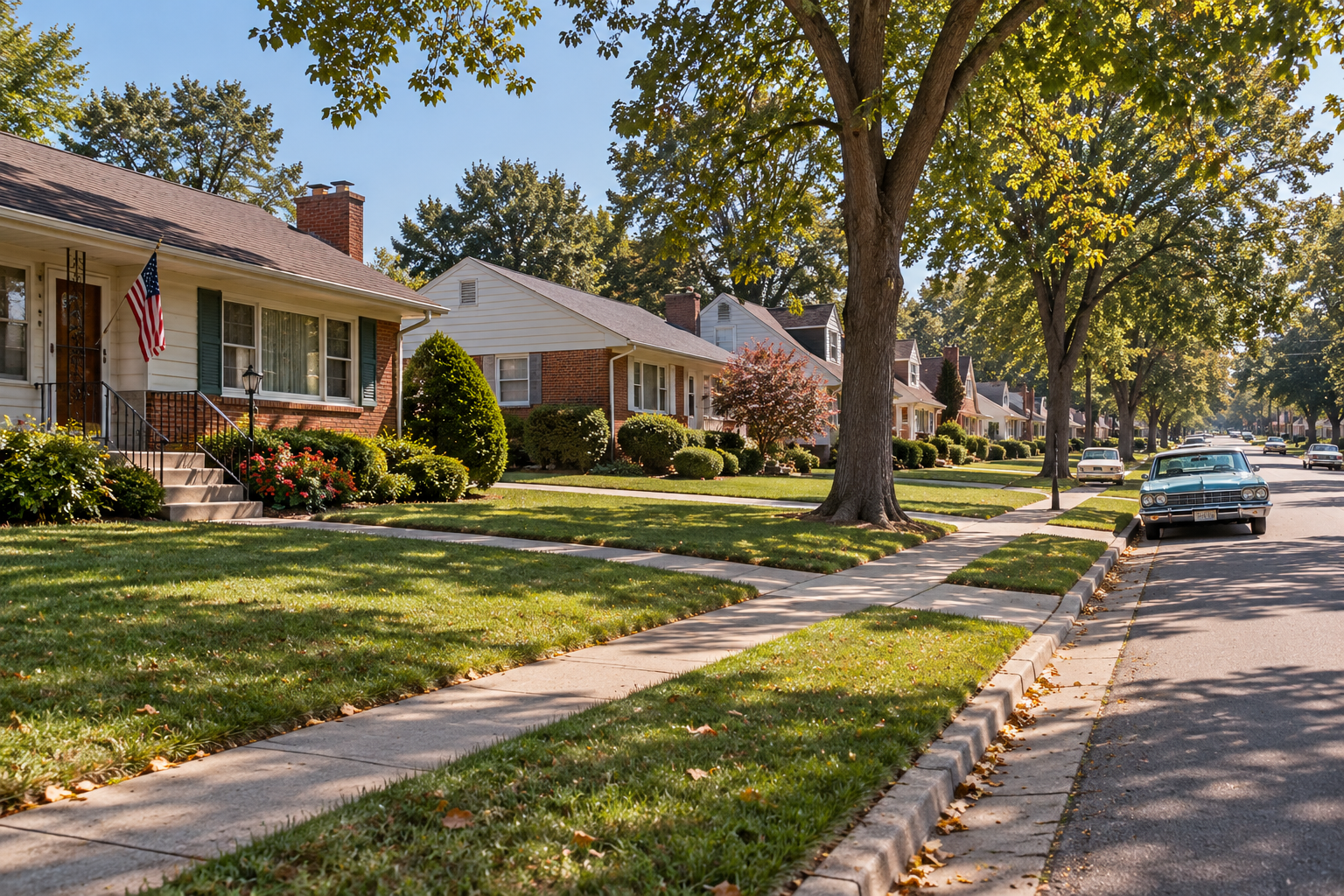 A sunny suburban street lined with ranch-style brick houses, green lawns, and mature trees, with a classic blue car parked on the side of the road.