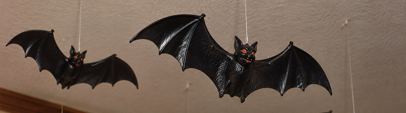 Two plastic black bat decorations with red eyes hanging from a ceiling.