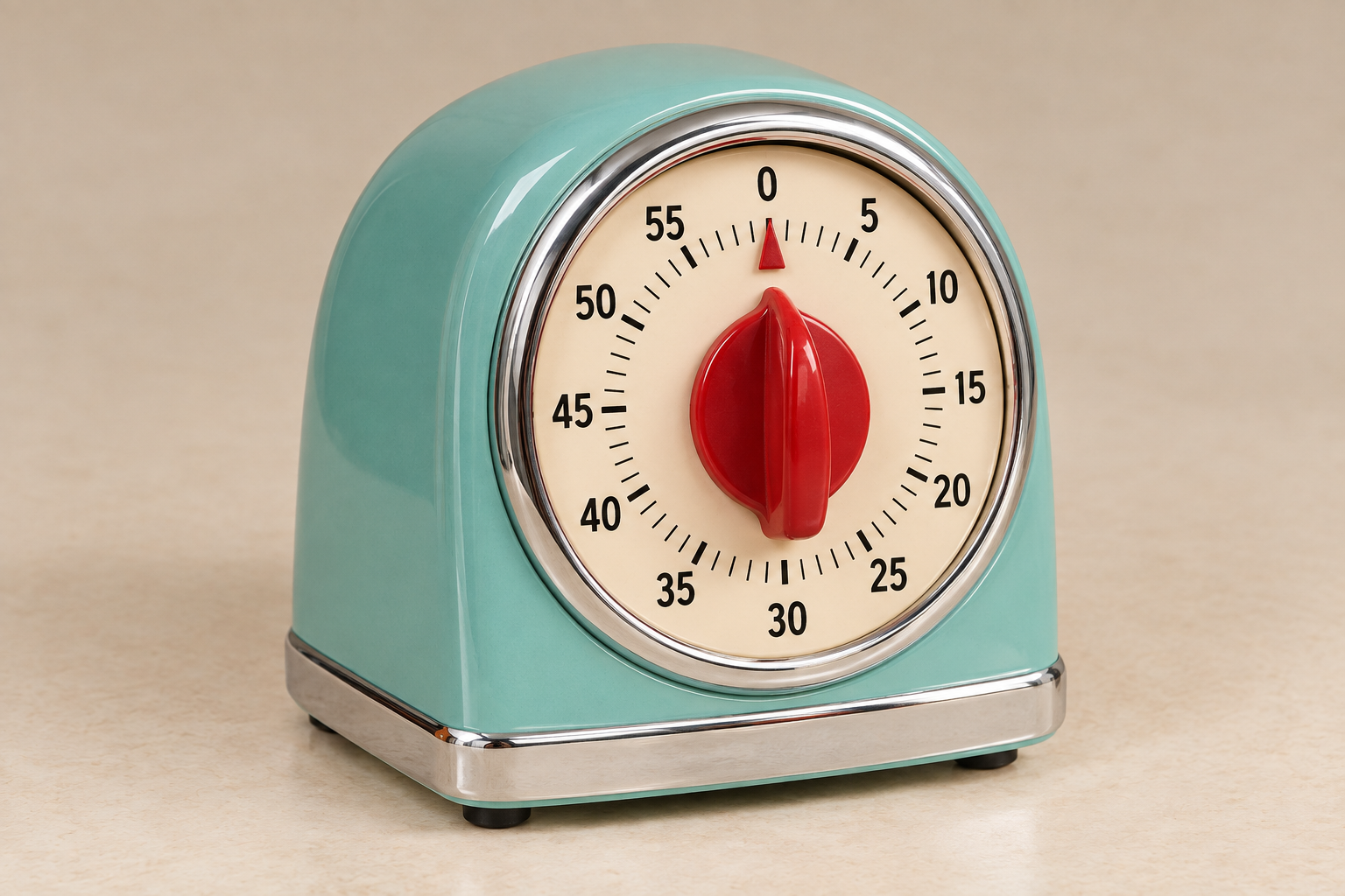 A retro-style teal kitchen timer with a red central dial and a cream-colored face showing minutes zero through fifty-five.