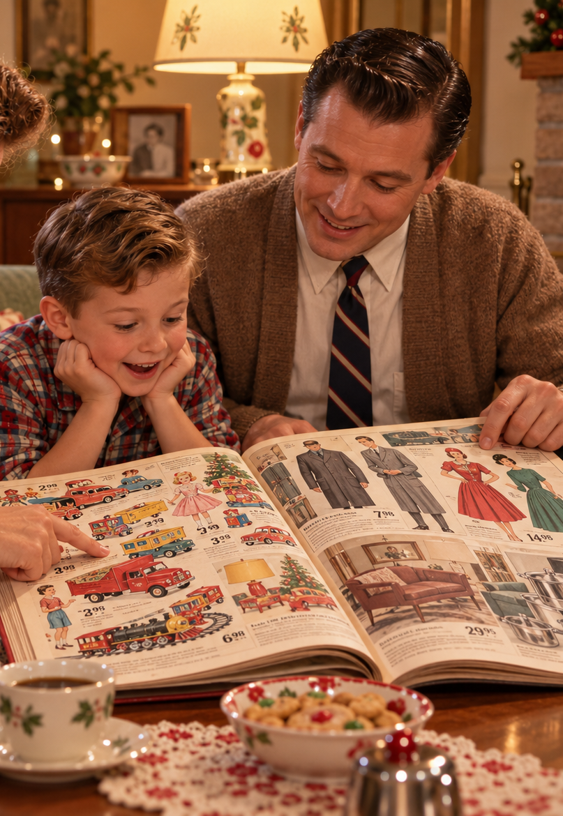 A man and a young boy look excitedly at a vintage mail-order toy and clothing catalog on a table.