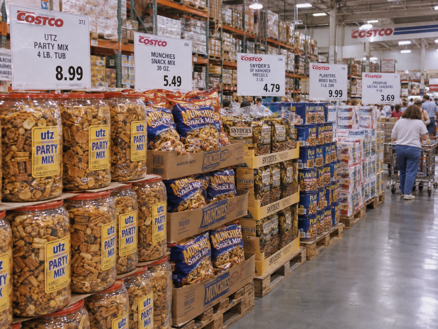 Aisle of a Costco warehouse store stocked with bulk containers of Utz party mix, Munchies snack mix, and other snacks, with price signs hanging above each item.