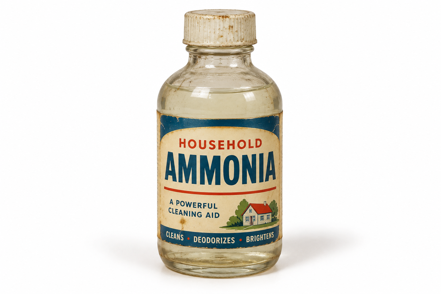 A vintage glass bottle of household ammonia with a label featuring a small house illustration and the text “A powerful cleaning aid.”